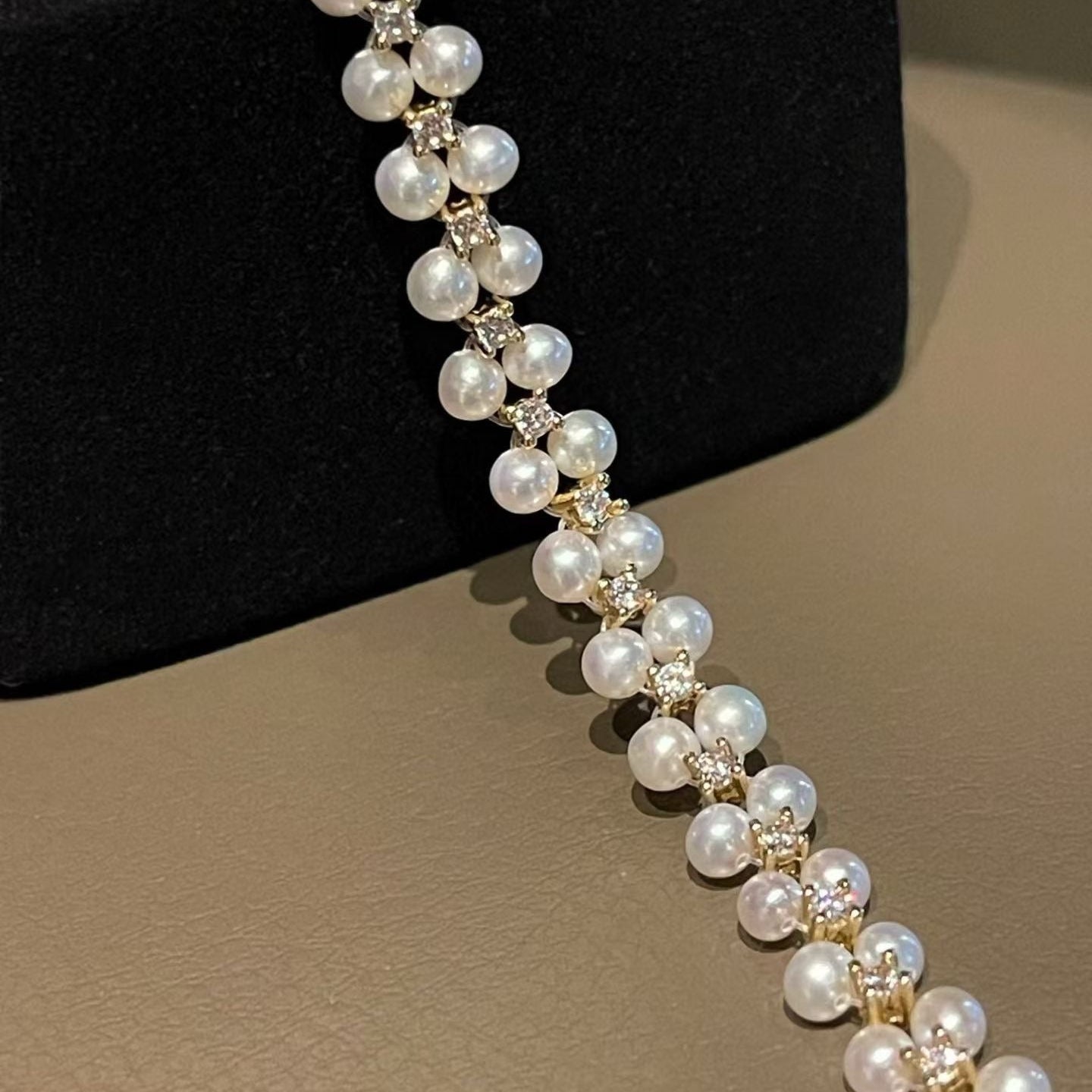 3-4mm round pearl Double row pearl bracelet white 4A zircon + gold plating,bulk order DM price