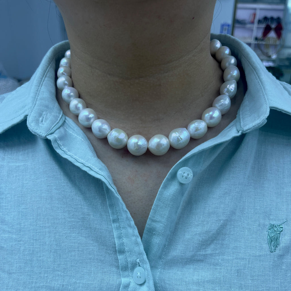 13-14mm Near-Round Drop Baroque Pearls White - High luster price for 1 Strand