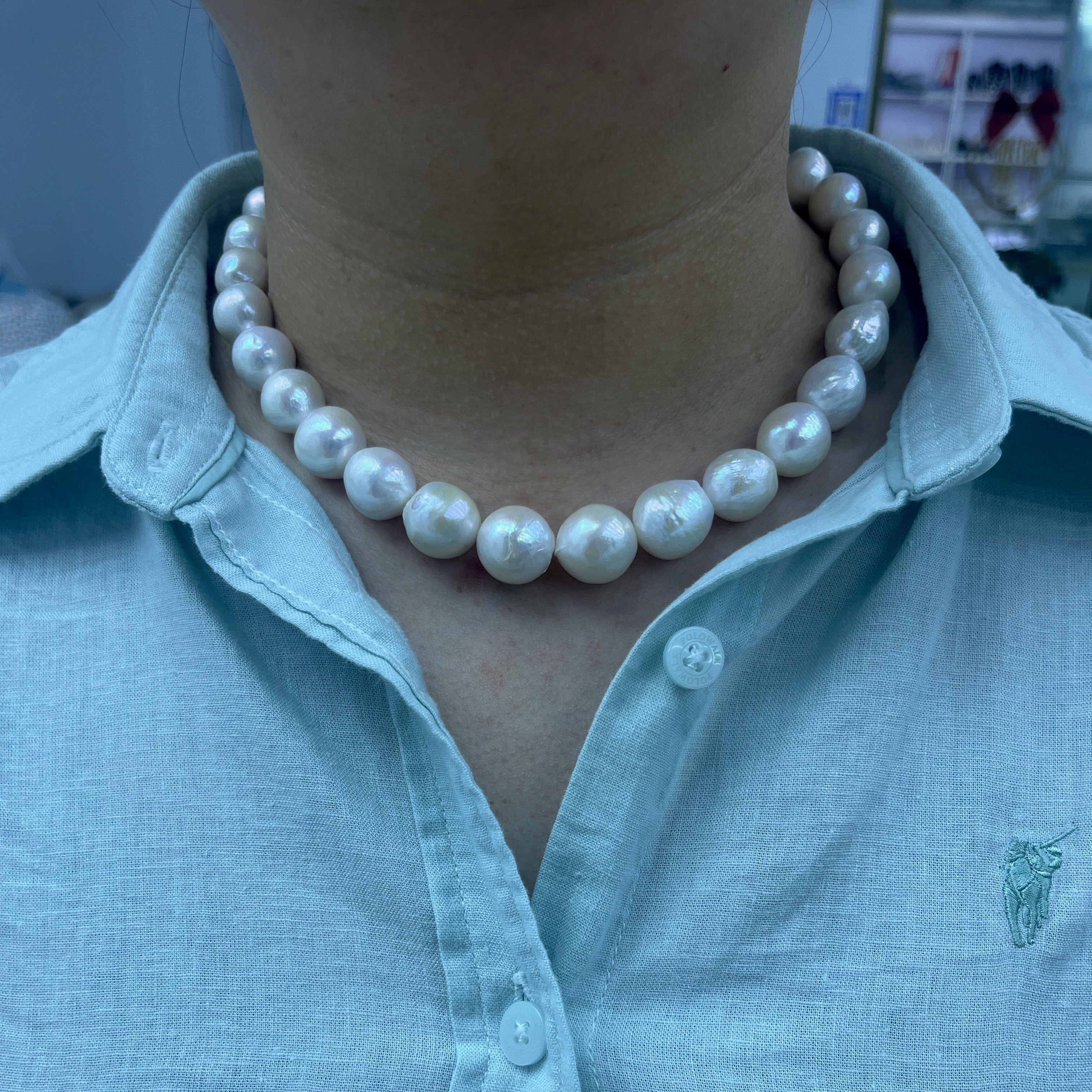 13-14mm Near-Round Drop Baroque Pearls White - High luster price for 1 Strand