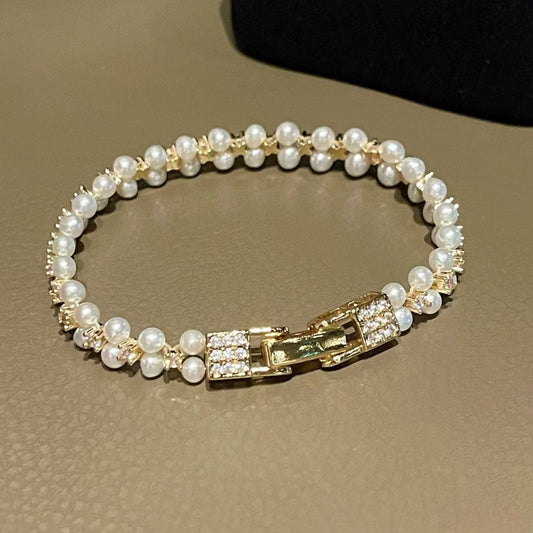 3-4mm round pearl Double row pearl bracelet white 4A zircon + gold plating，bulk order DM price