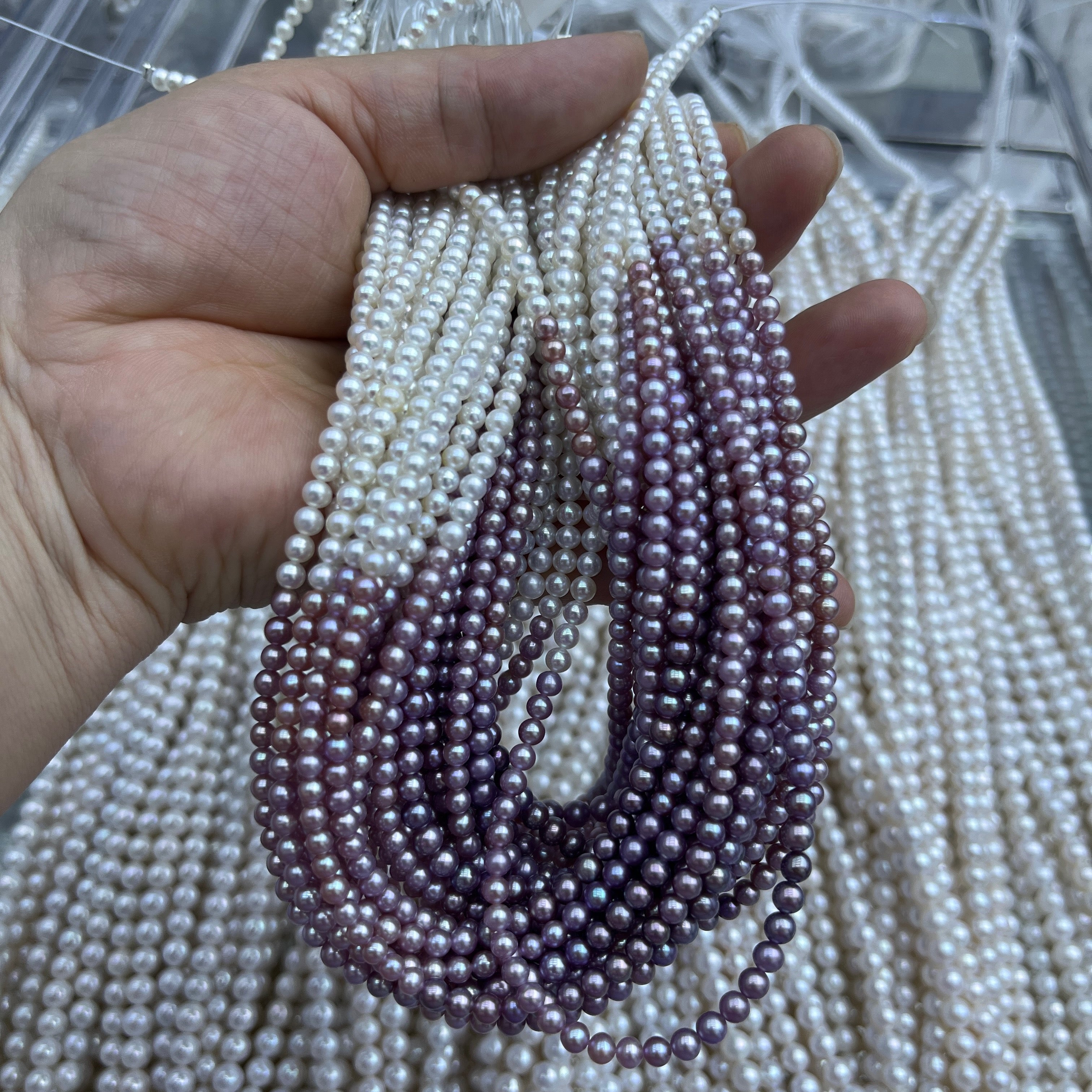 3-4mm round pearl strand purple mix white - 4A