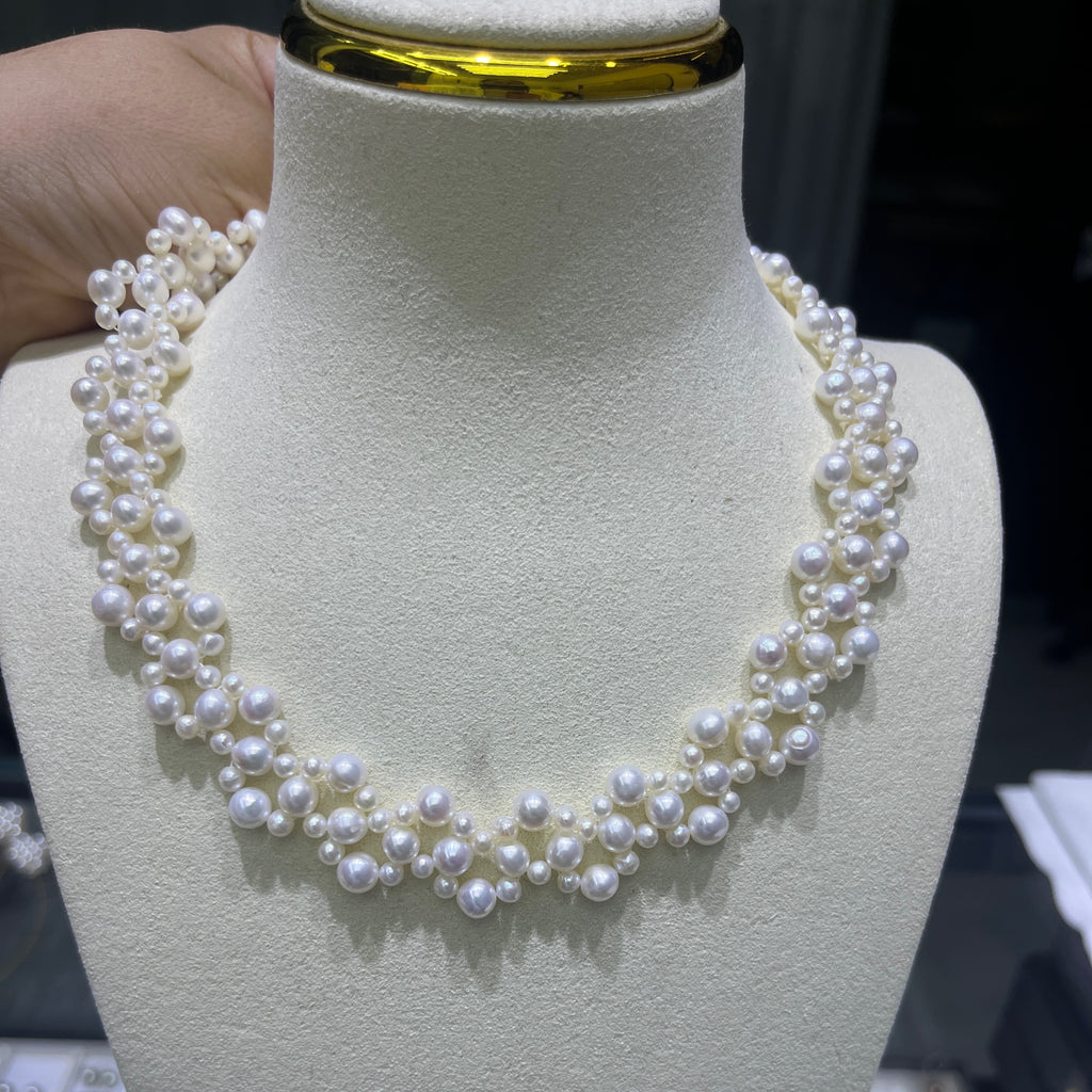 3-4mm mix 5mm Handcrafted Braided round pearl necklace -4A