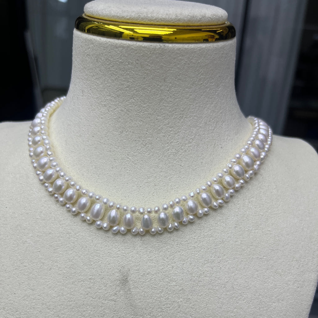 3-4mm and 5-6mm Delicate Woven Rice Pearl Necklace - Handcrafted Texture for Designers