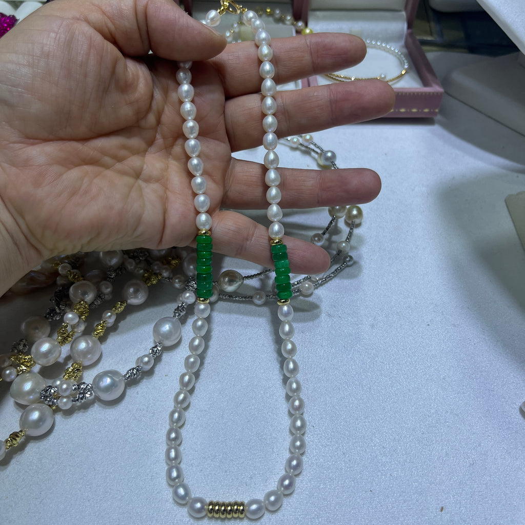 Pearl Necklace with 5-6mm near round pearl high luster and green stone