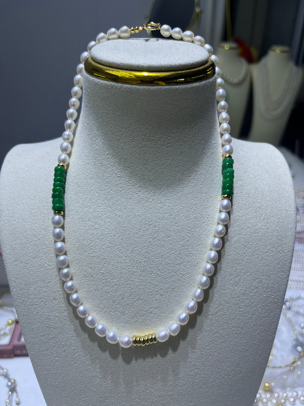 Pearl Necklace with 5-6mm near round pearl high luster and green stone