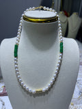 Pearl Necklace with 5-6mm near round pearl high luster and green stone
