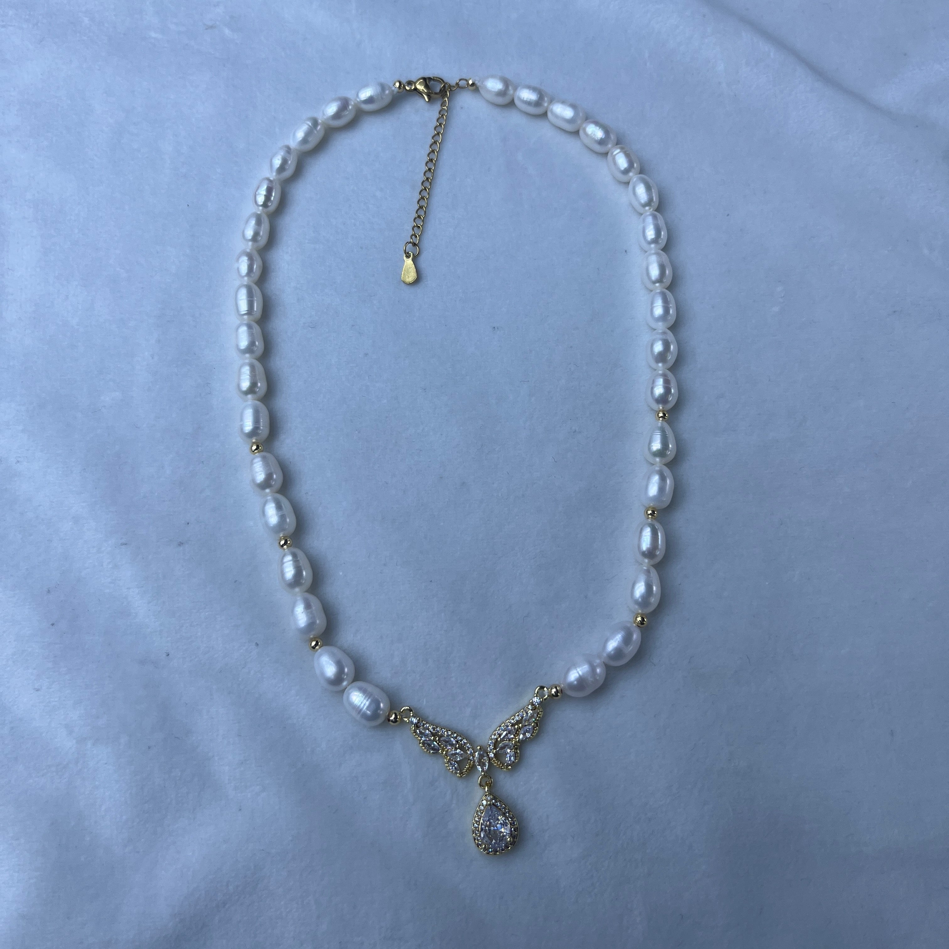 6mm rice pearl necklace with crystal pendant, MOQ 50 strand