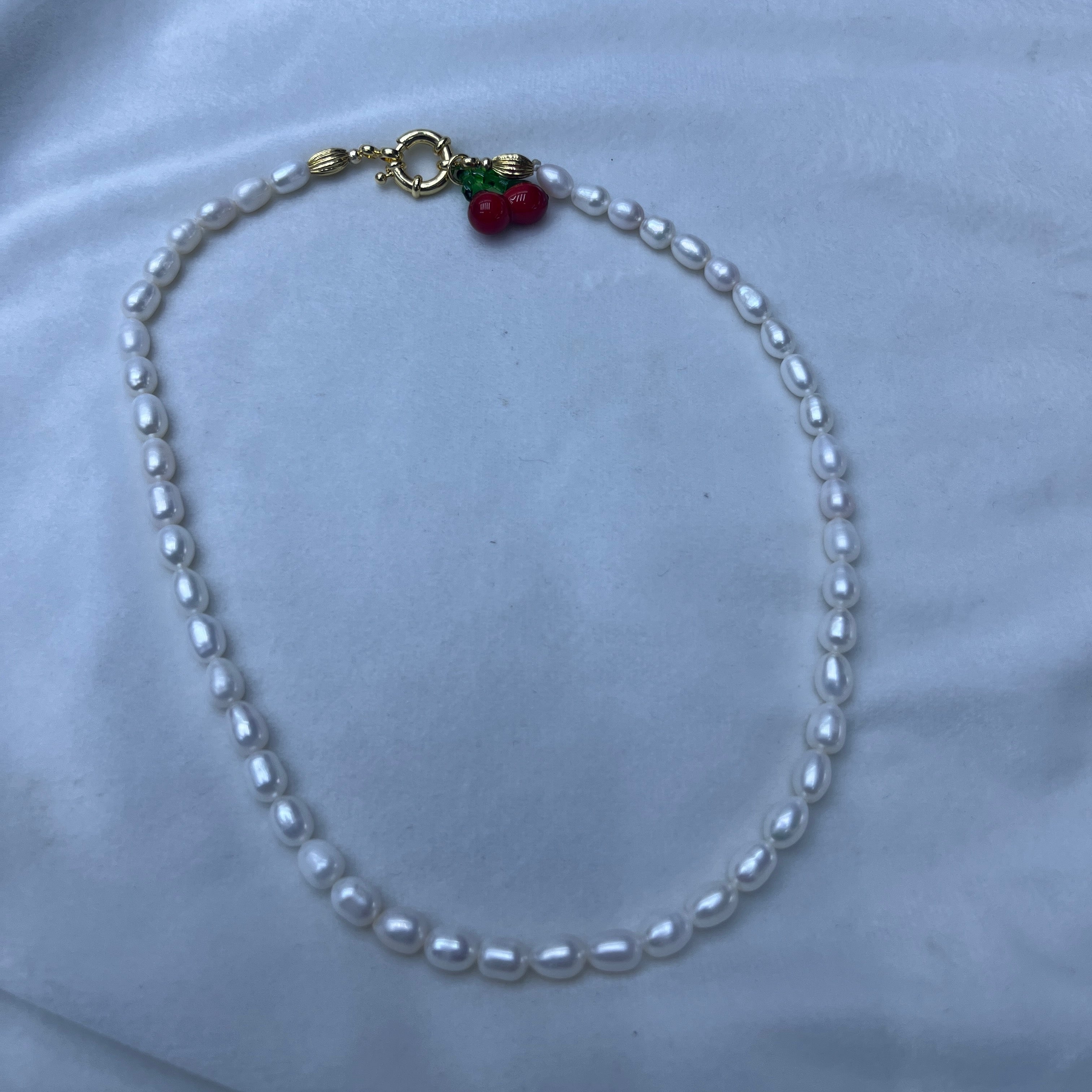 6mm rice pearl necklace with two red cherry, MOQ 50 strand