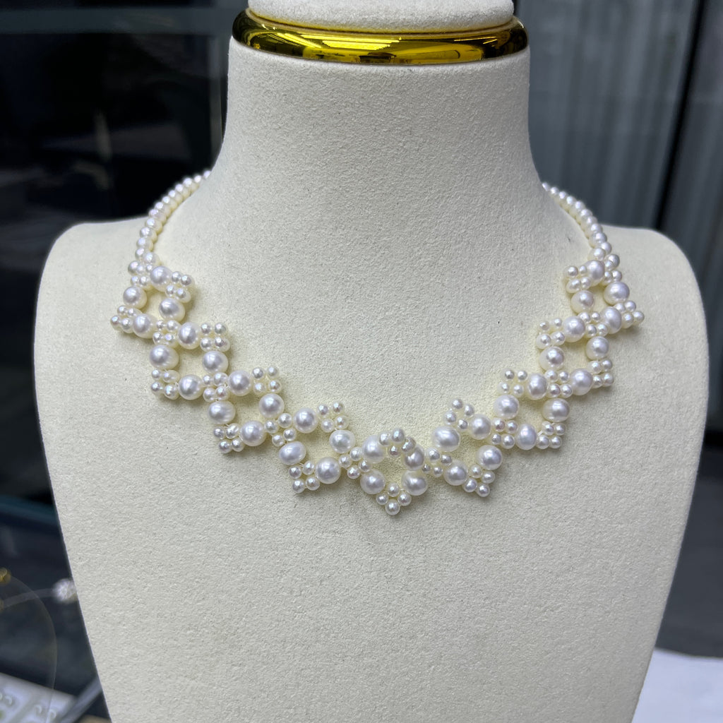 3-4mm and 5mm Handcrafted Braided round pearl necklace square mold -4A