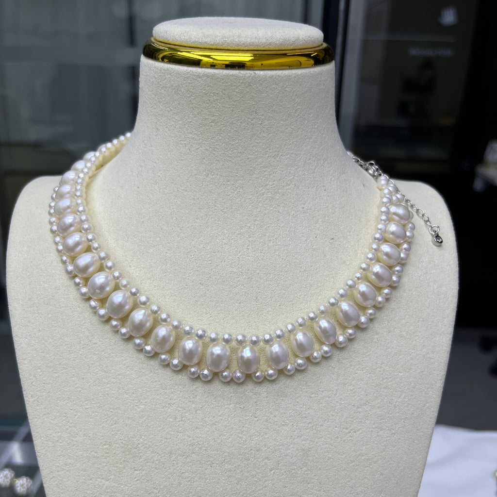 3-4mm round and 8-9mm Rice Pearl Necklace - Handcrafted Texture for Designers-4A