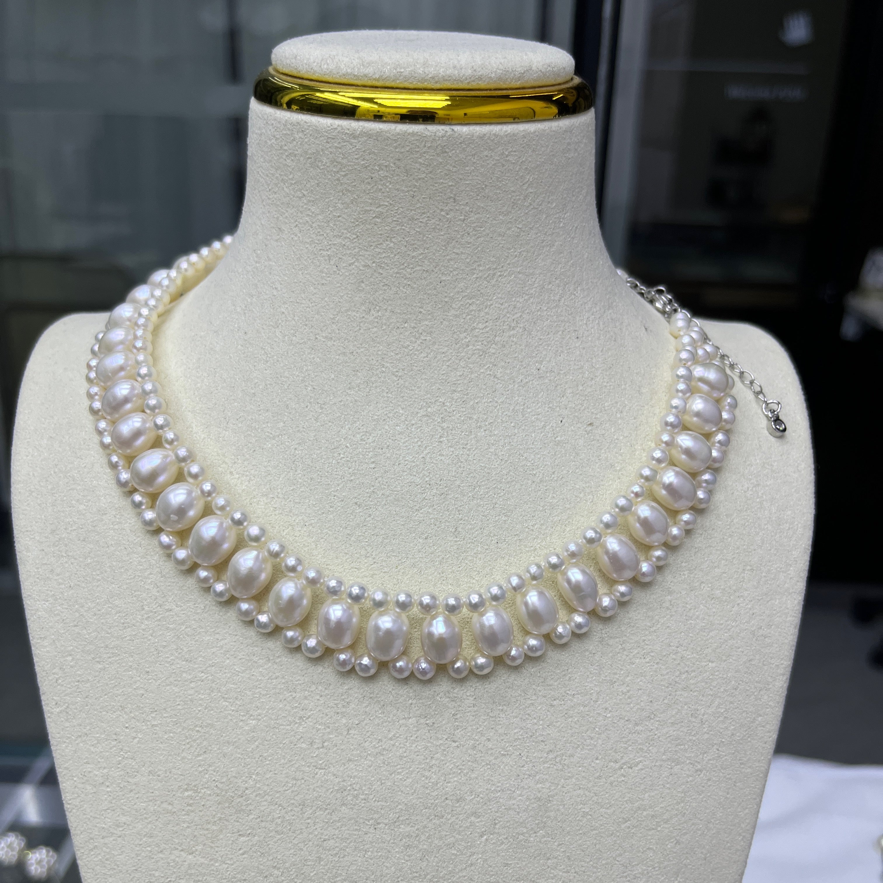 3-4mm round and 8-9mm Rice Pearl Necklace - Handcrafted Texture for Designers-4A