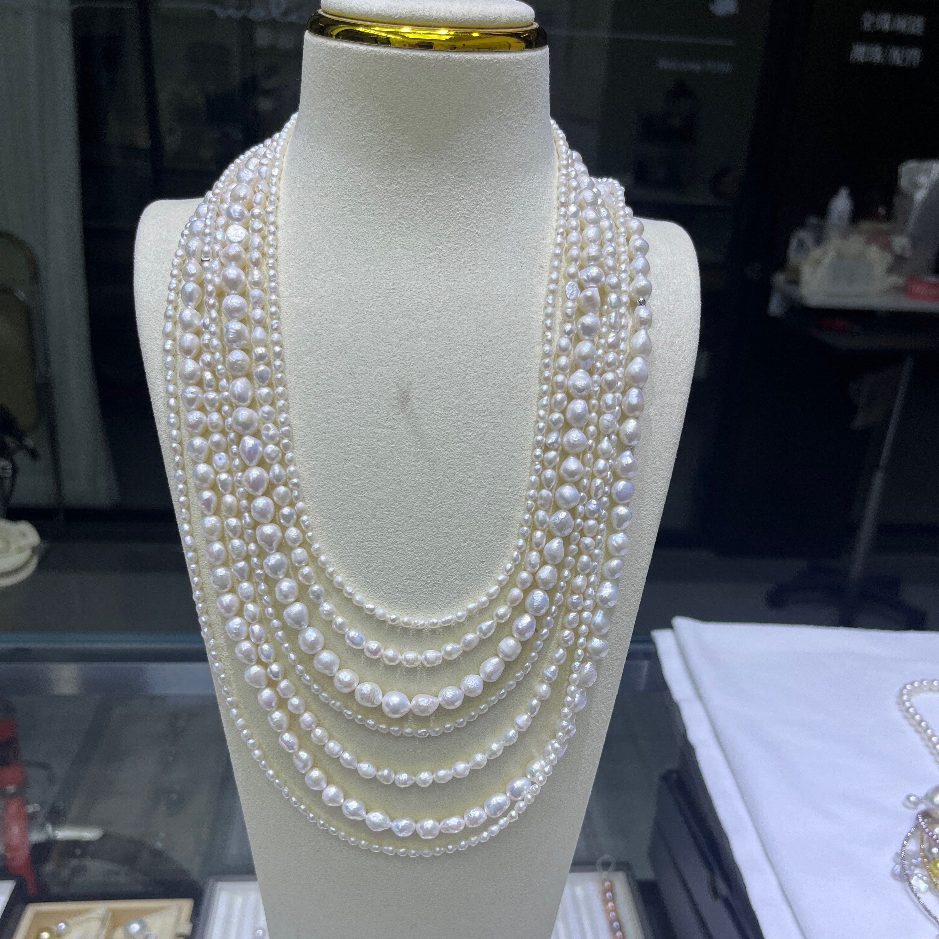 Handcrafted Multi-Layer Baroque Pearl Necklace, Organic Shape Layers for Boutique Display