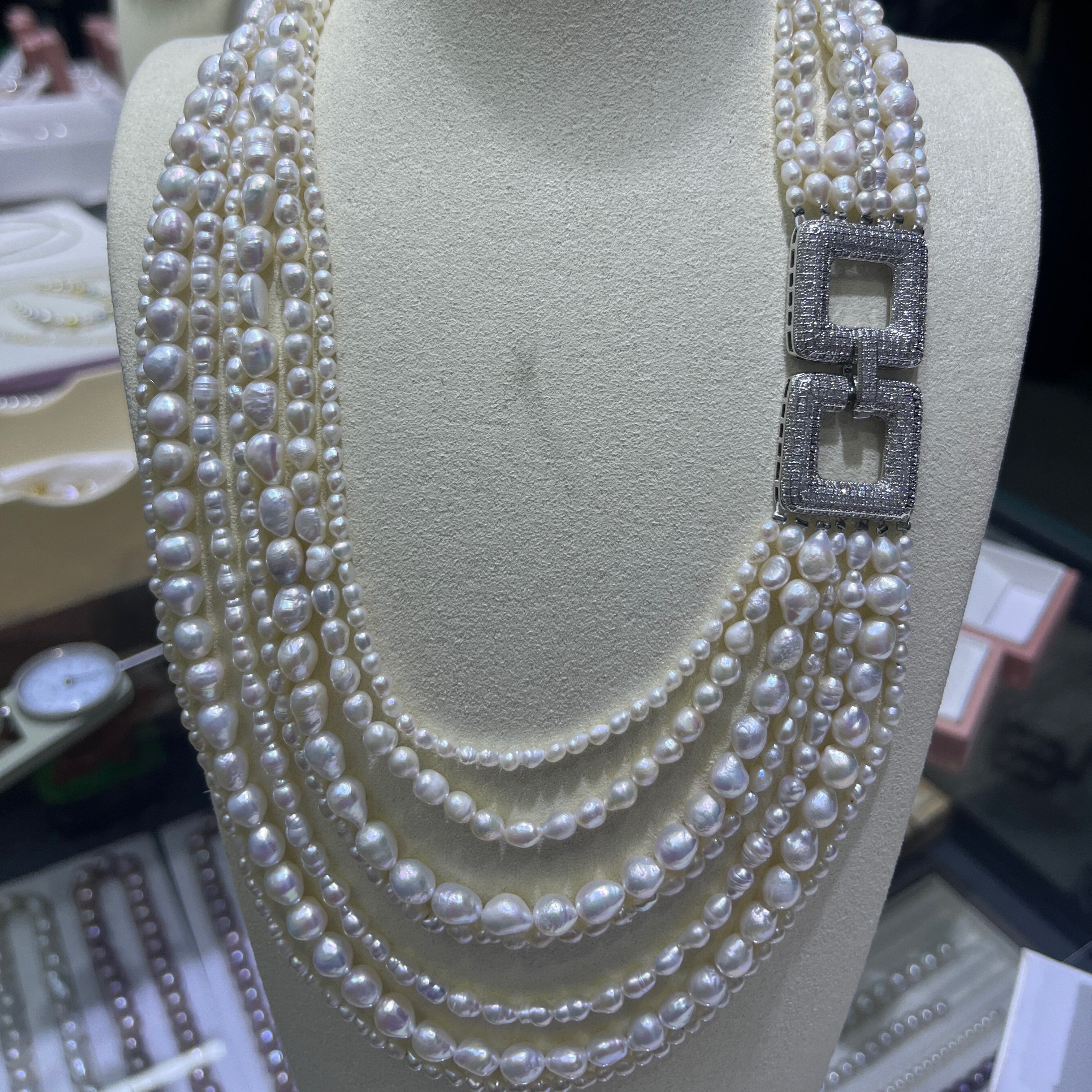 Handcrafted Multi-Layer Baroque Pearl Necklace, Organic Shape Layers for Boutique Display