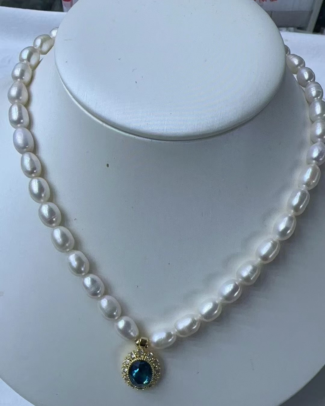 6-7mm rice pearl necklace with crystal pendant MOQ 50 strand