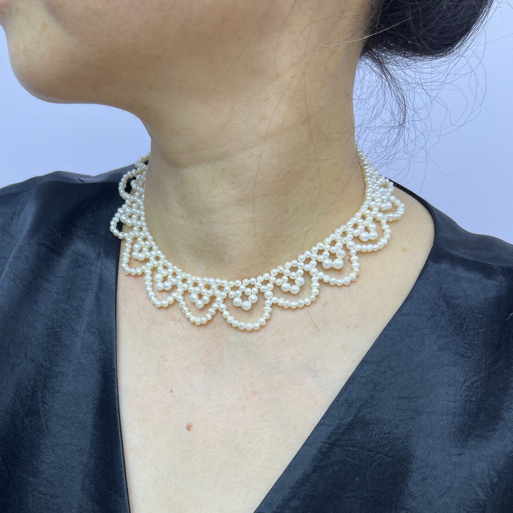 3-4mm Handcrafted Princess Style Braided Round Pearl Necklace -4A